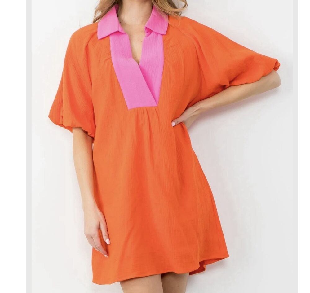 THML Shift Dress Size L Orange Pink Colorblock Gauze Puff Sleeve Resort Summer